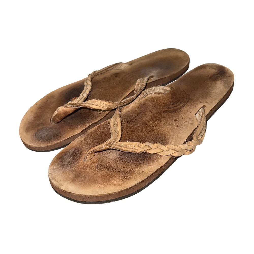Rainbow Sandals Flip Flops Womens L Tan Fair Braided Leather Thong Coastal